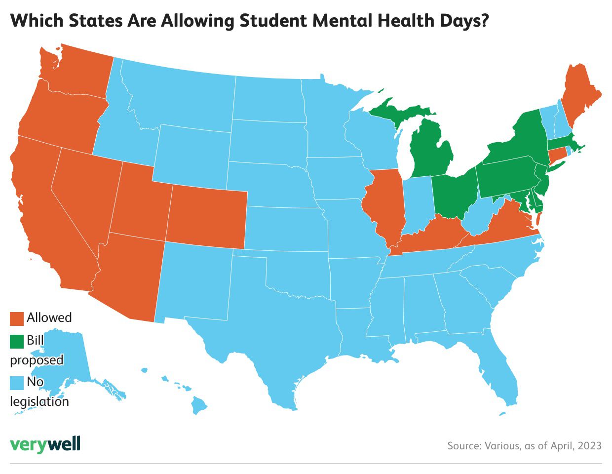 Map of the U.S. showing where mental health days are allowed for kids