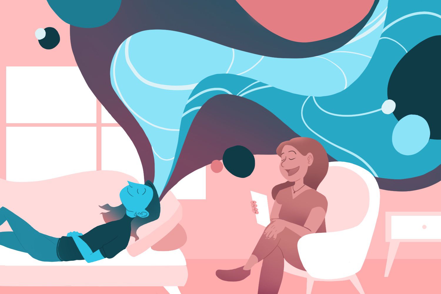 drawing of person lying on a couch talking to a therapist